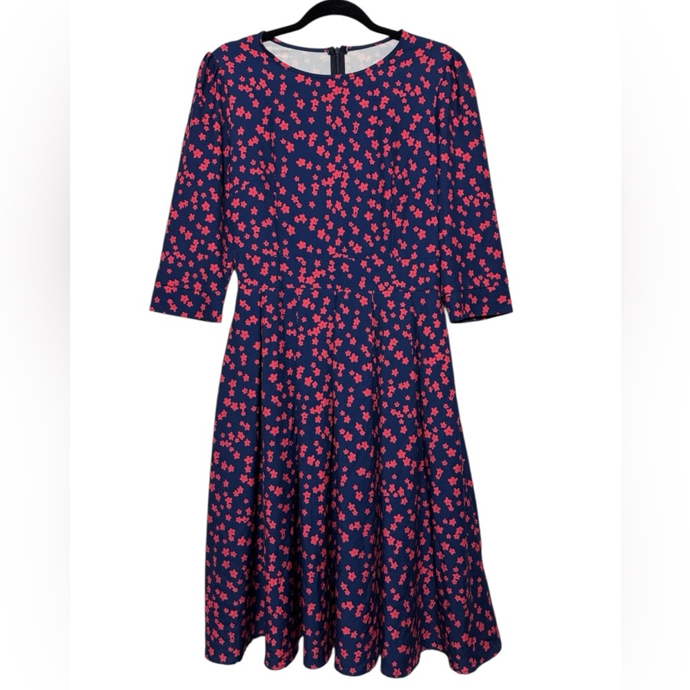 Long Modest Navy Blue Pink Floral Print Fit Flare Midi Dress Size Medium Wedding